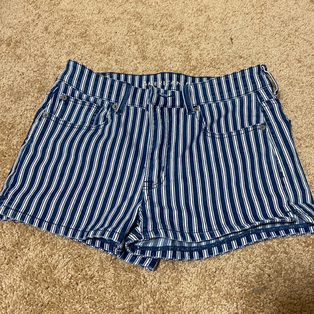 Navy Blue and White Striped Denim Shorts